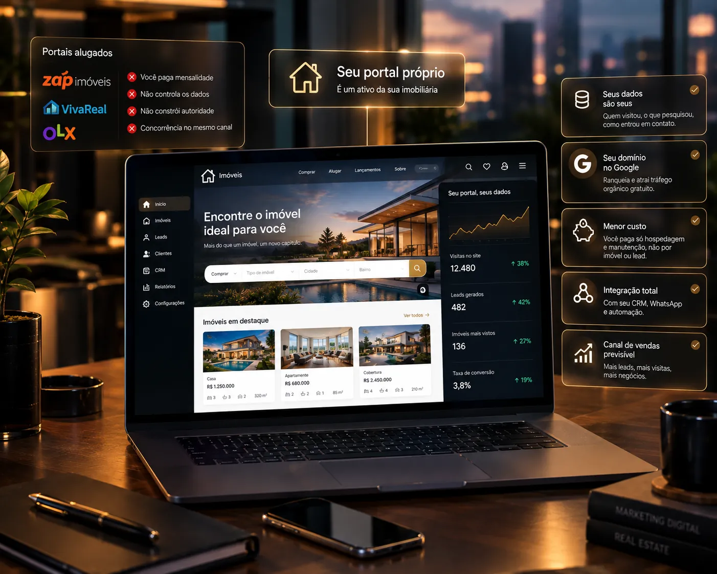 Portal imobiliário próprio com busca e CRM integrados