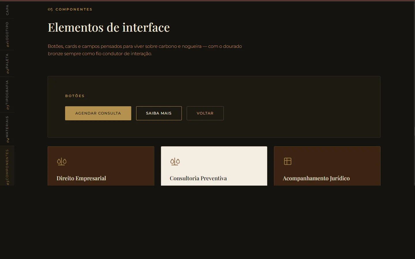 Design system — componentes de interface: botões, cards e serviços