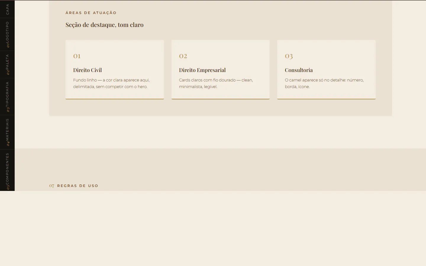 Design system — seção de destaque, tom claro com cards de áreas