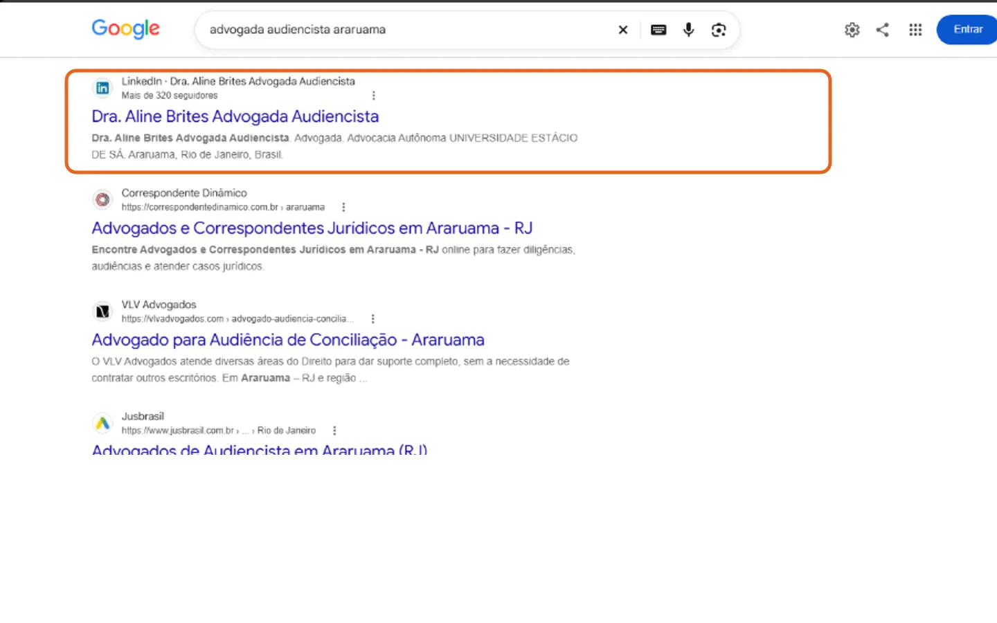 Perfil do LinkedIn da Dra. Aline Brites em 1º lugar no Google para advogada audiencista Araruama