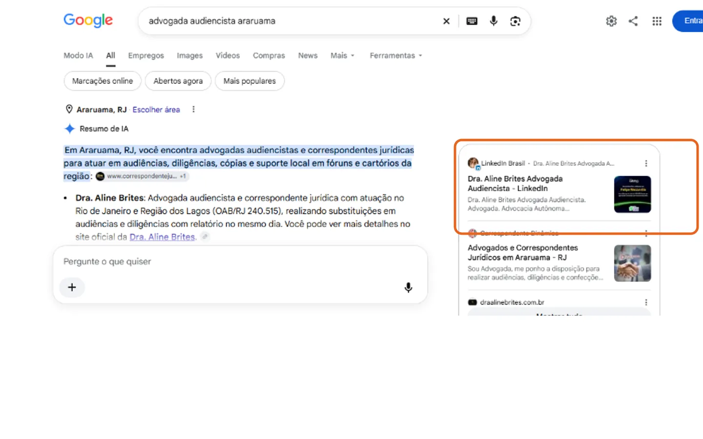 Card do LinkedIn da Dra. Aline Brites no painel de resultados do Google