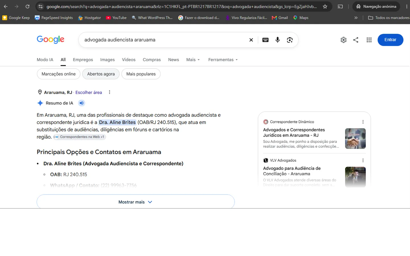 Dra. Aline Brites citada no Resumo de IA do Google para advogada audiencista Araruama