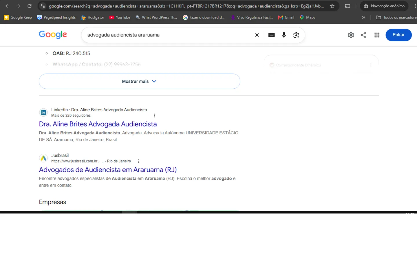 Perfil de LinkedIn da Dra. Aline Brites em destaque na busca por advogada audiencista Araruama