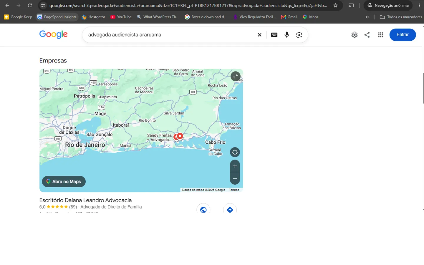 Resultados locais no Google Maps para advogada audiencista na Região dos Lagos