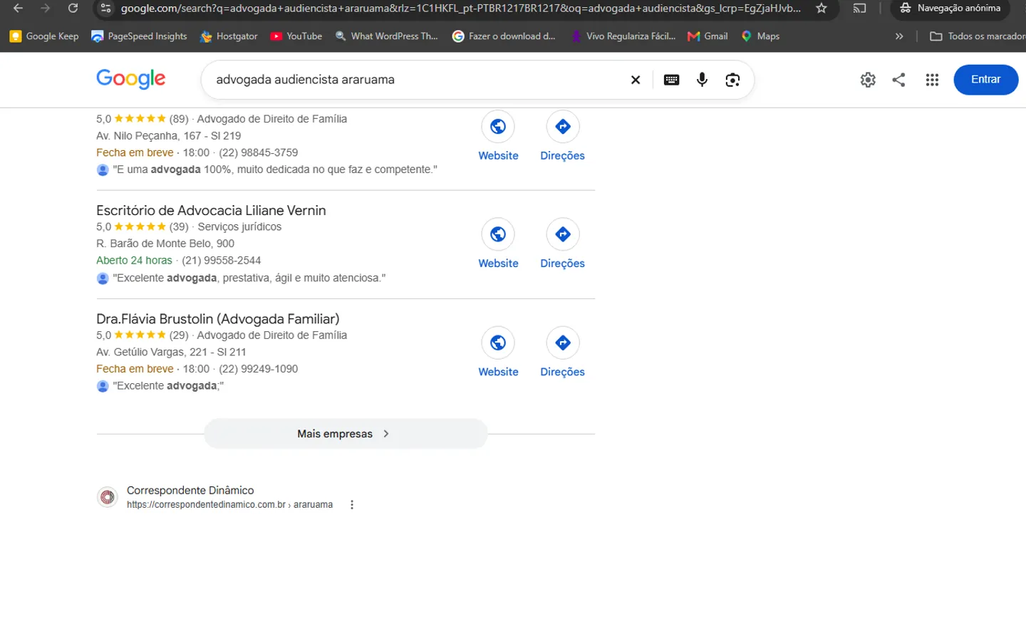 Resultados orgânicos do Google para advogada audiencista e correspondente jurídico em Araruama