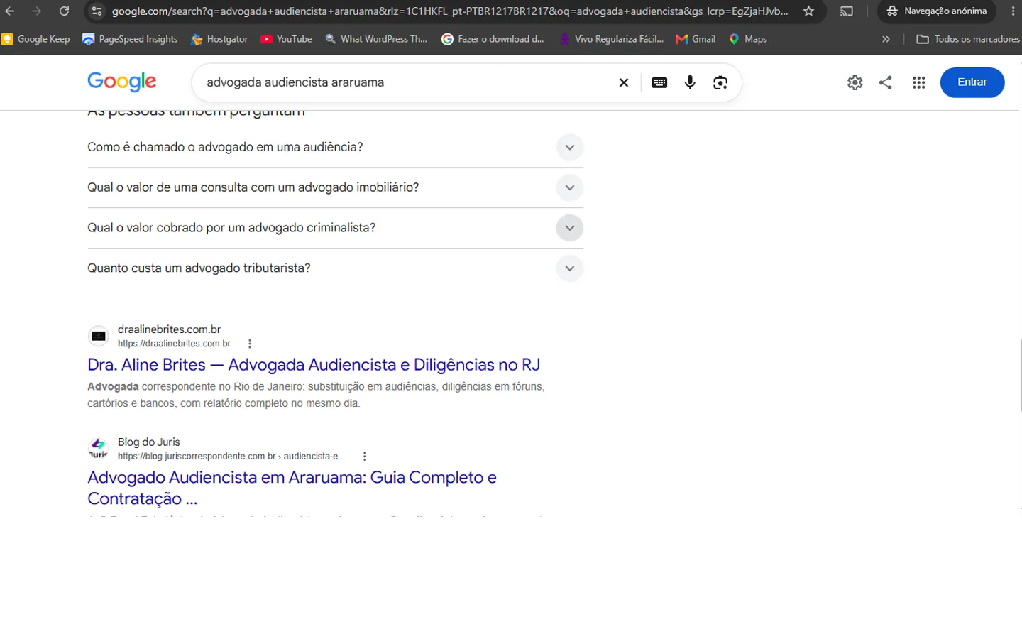 Site draalinebrites.com.br na primeira página do Google para advogada audiencista no RJ