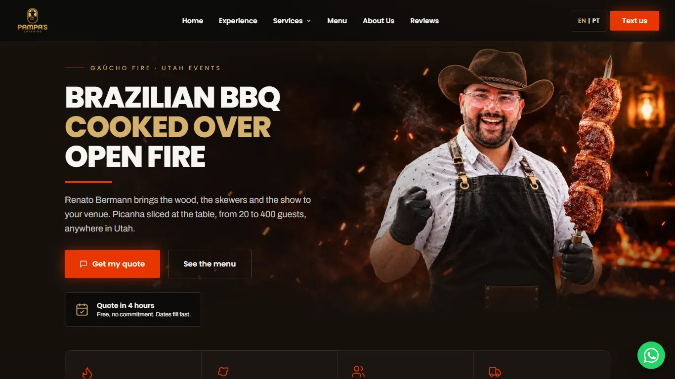 Pampa's Catering — site bilíngue de churrasco gaúcho para eventos em Utah