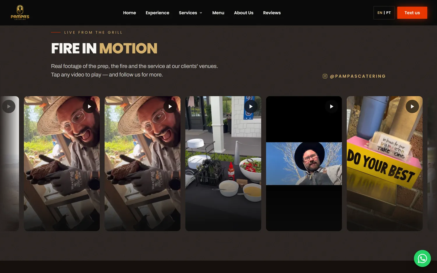 Esteira de vídeos Fire In Motion — bastidores dos eventos do Pampa's Catering no Instagram