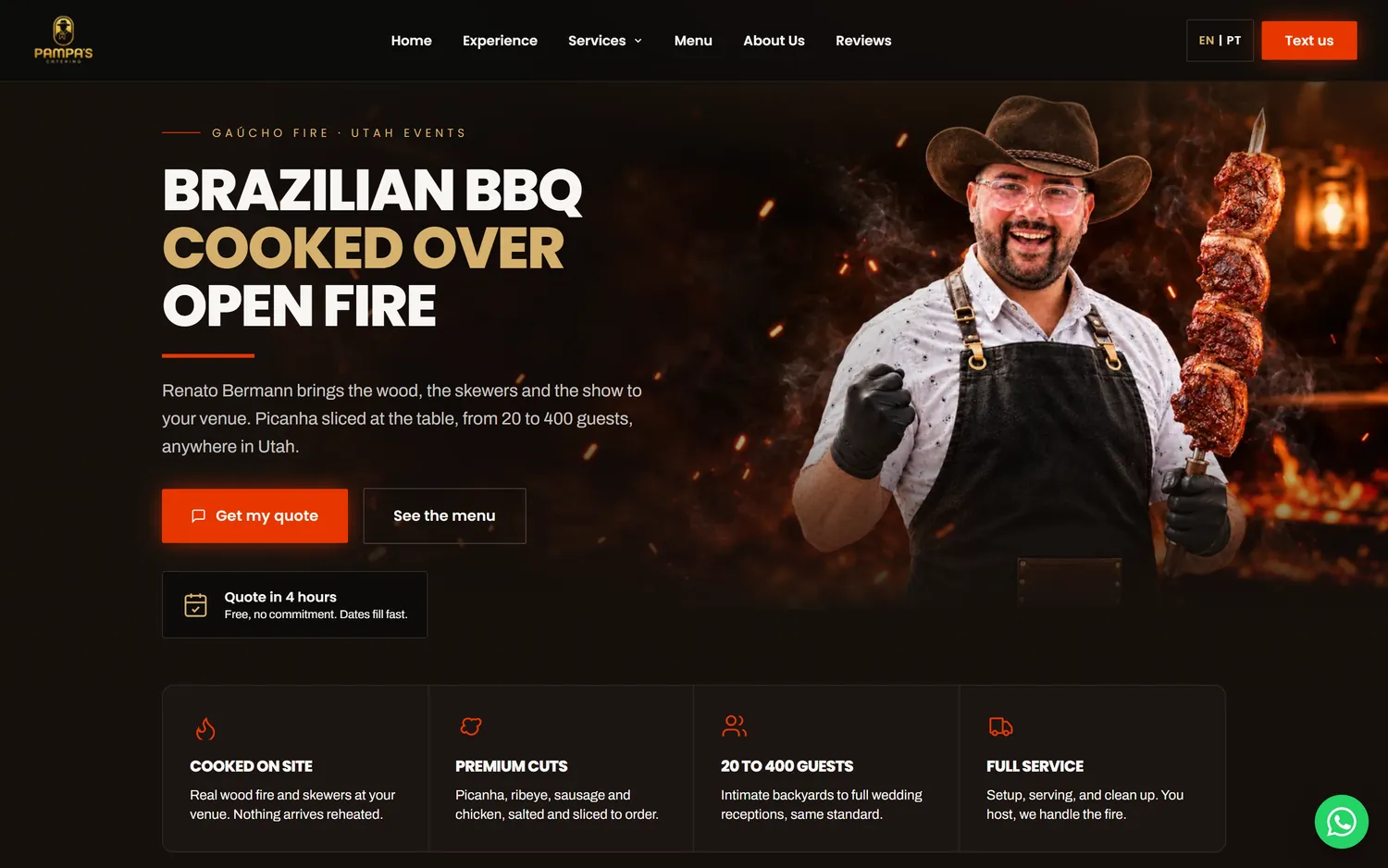 Site do Pampa's Catering em inglês — versão EN