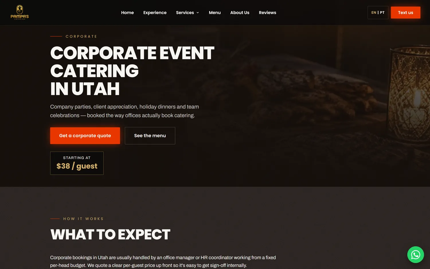 Página de eventos corporativos do Pampa's Catering — SEO para corporate catering Salt Lake City