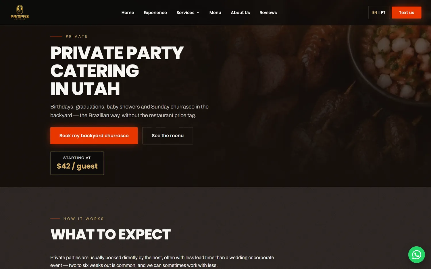 Página de festas privadas do Pampa's Catering — SEO para private party catering Utah