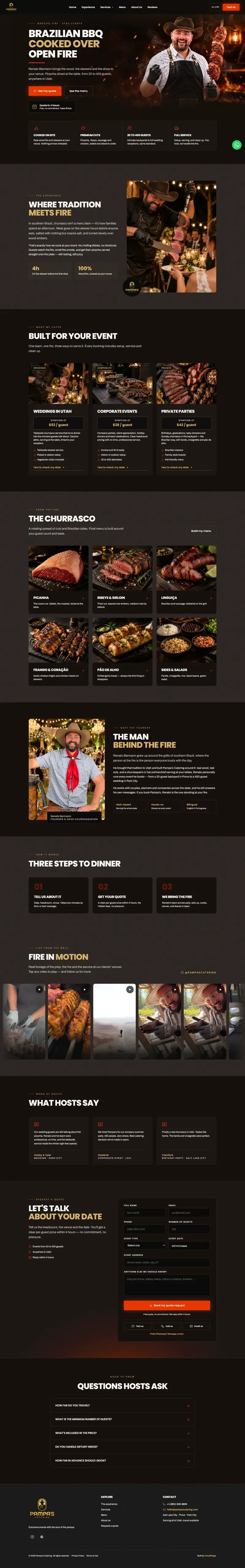 Site bilíngue do Pampa's Catering — churrasco gaúcho para eventos no Utah