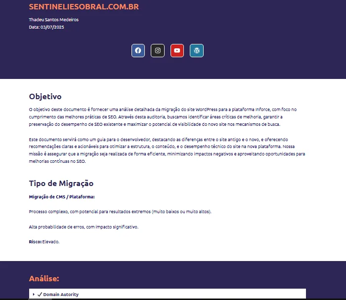 Relatório de auditoria de SEO da migração de plataforma — Sentineli & Sobral