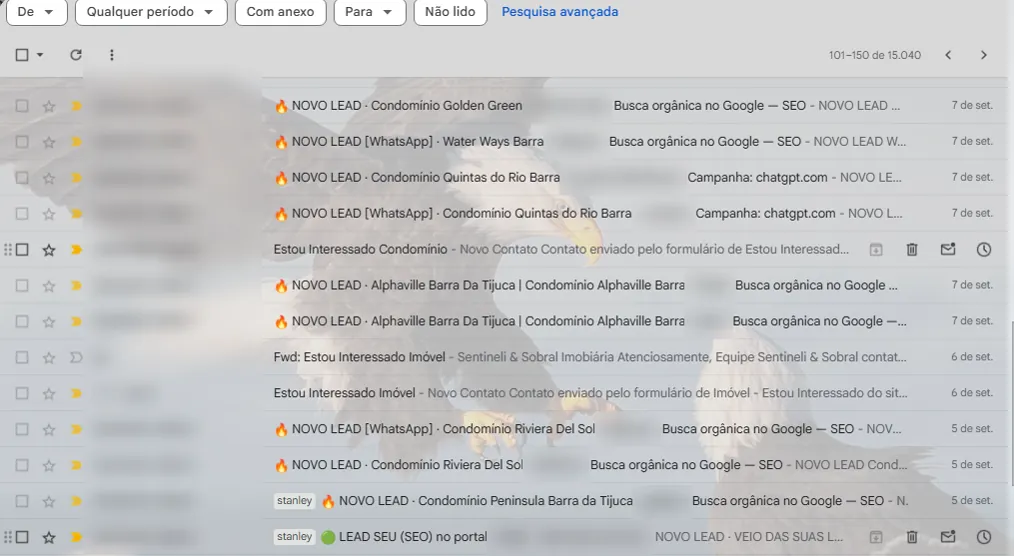 Caixa de entrada com leads capturados pela Sentineli
